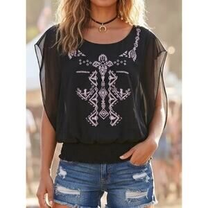 DOTS Black Aztec Tribal Print Sleeveless Boho Blouse, Size S